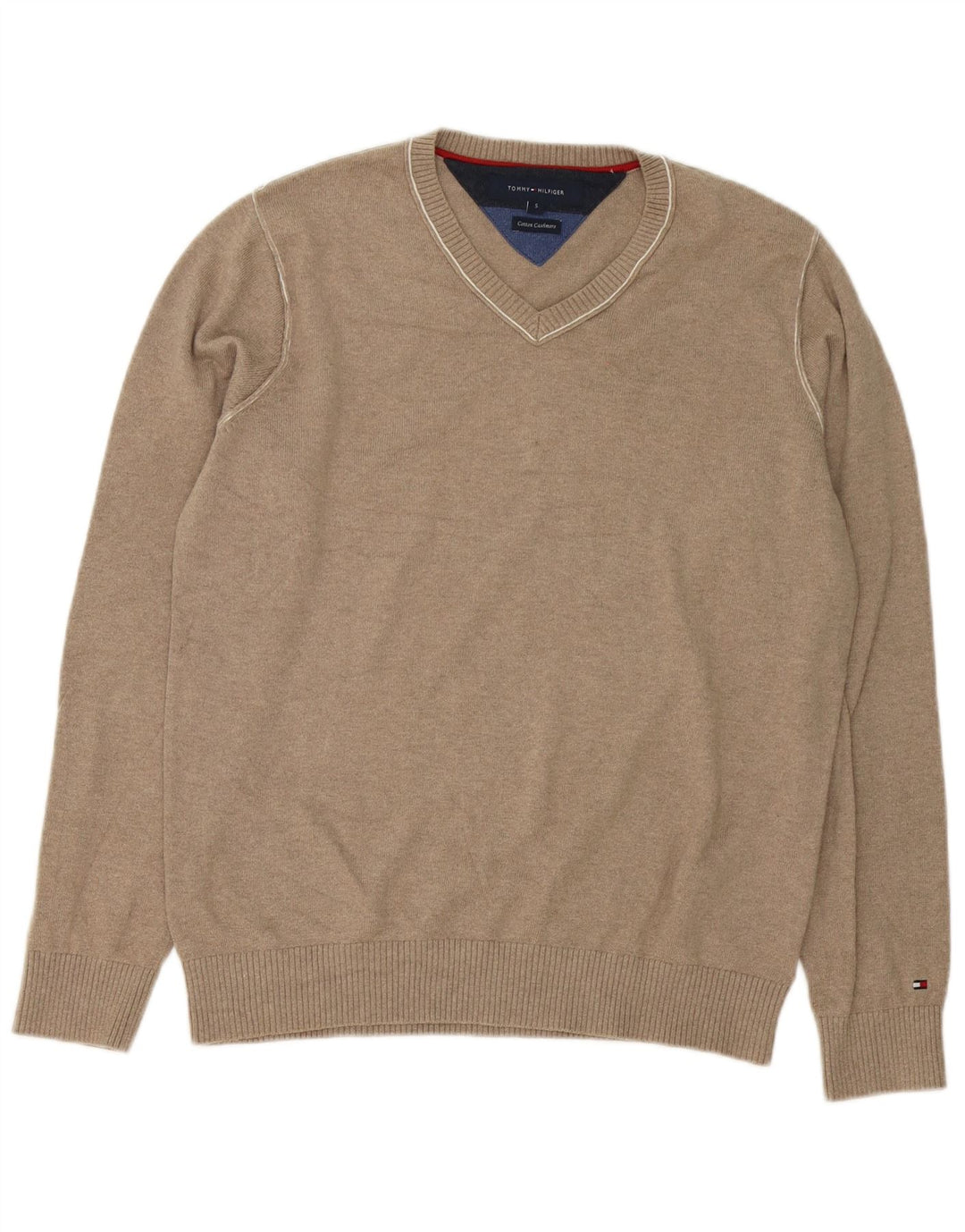 Suéter masculino Tommy Hilfiger com decote em V pequeno algodão cinza