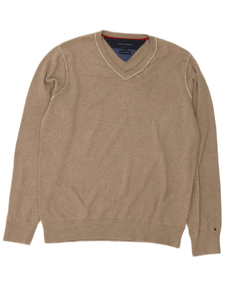 Suéter masculino Tommy Hilfiger com decote em V pequeno algodão cinza