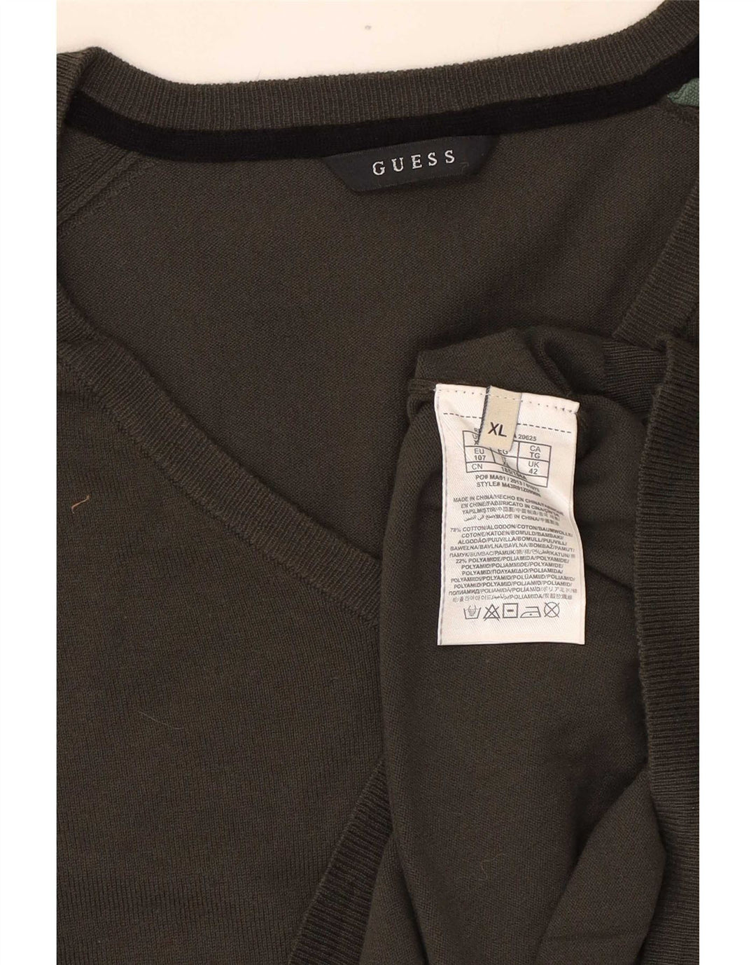Suéter masculino Guess com decote em V XL de algodão cáqui
