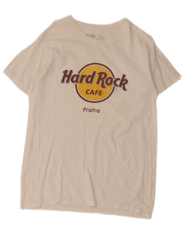 Camiseta masculina Hard Rock Cafe Praha com estampa gráfica pequena de algodão branco