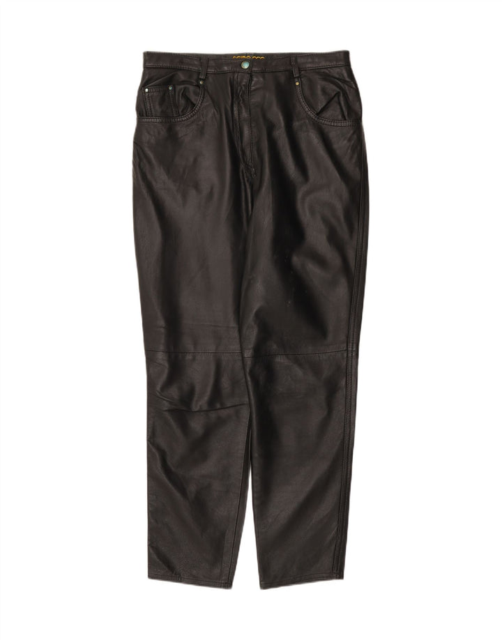 Calça feminina de couro cônico Scirocco IT 42 médio W30 L29 couro preto