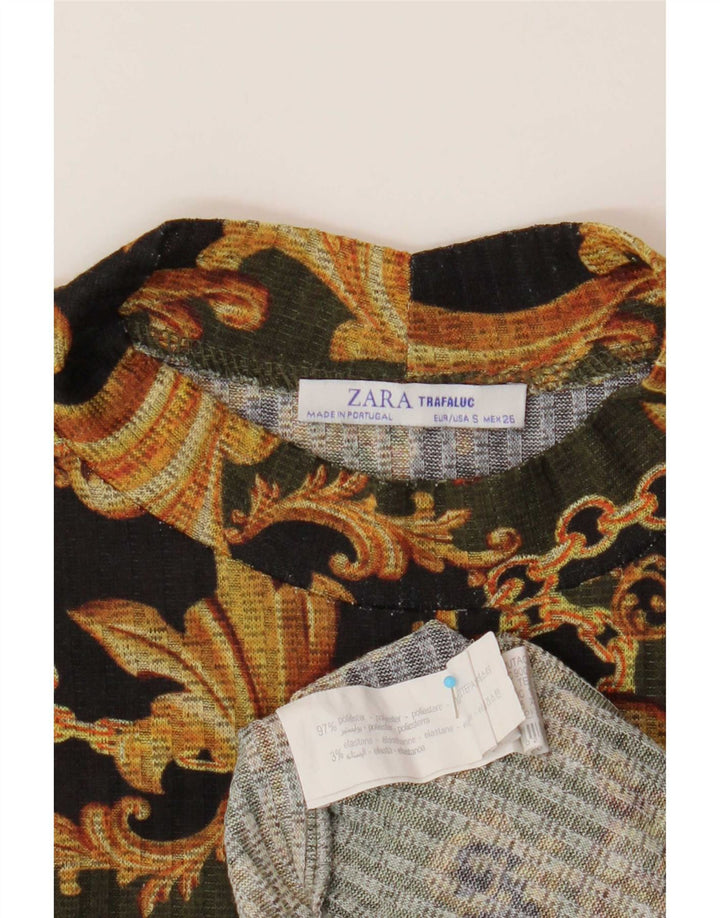 Zara Crop Top Feminino Manga Longa Reino Unido 10 Pequeno Poliéster Paisley Preto