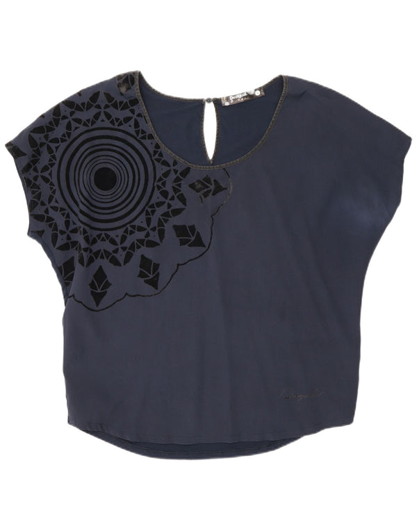 Blusa gráfica feminina Desigual Top UK 16 grande azul marinho geométrico