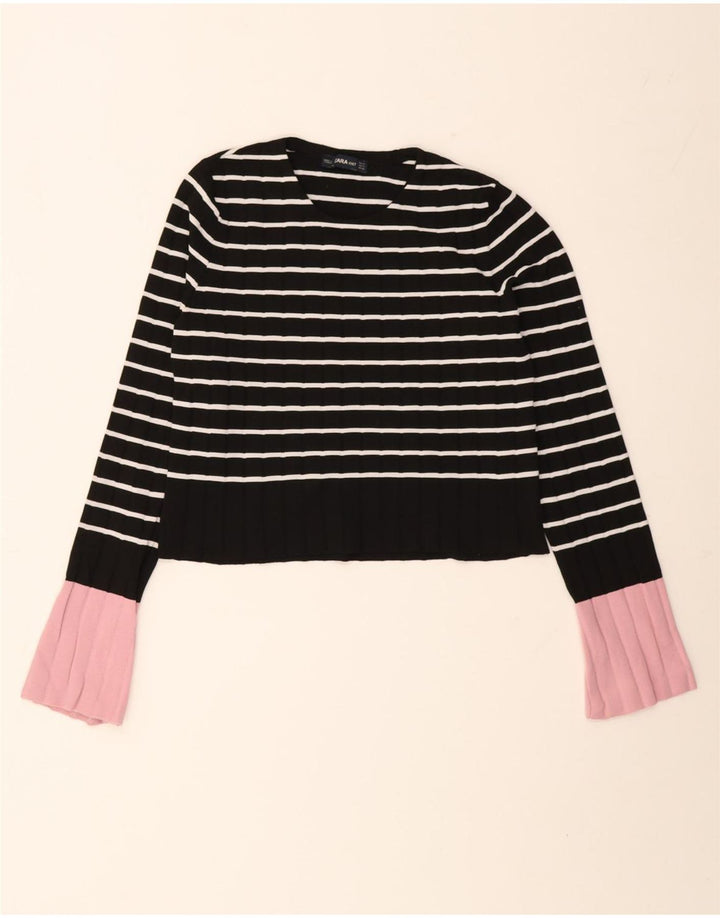 Zara Womens Crop Top Manga Longa UK 10 Pequena Poliamida Listrada Preta