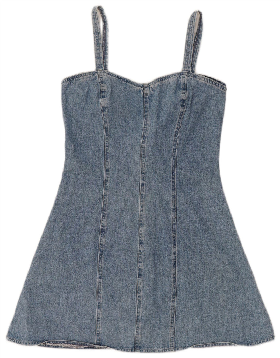 Mini vestido jeans feminino vintage sem mangas Reino Unido 12 algodão azul médio