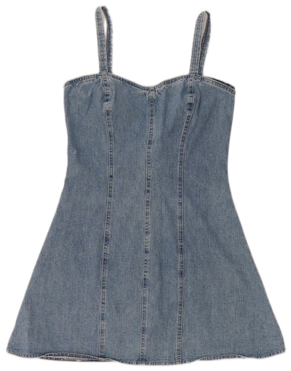 Mini vestido jeans feminino vintage sem mangas Reino Unido 12 algodão azul médio
