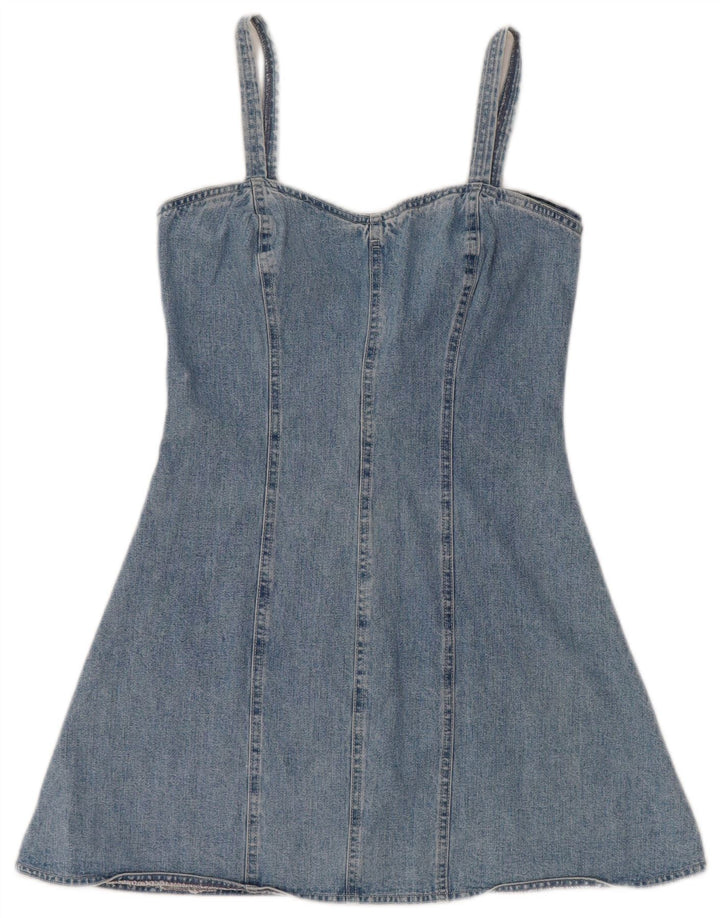 Mini vestido jeans feminino vintage sem mangas Reino Unido 12 algodão azul médio