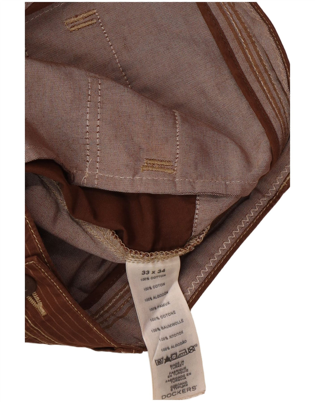 DOCKERS Calça masculina slim fit Chino W34 L34 marrom risca de giz clássica