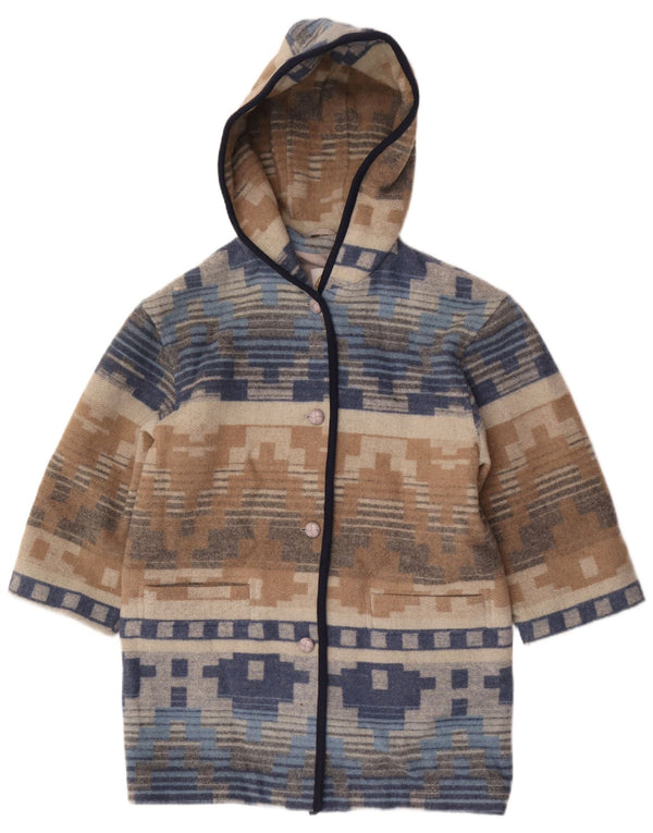 Sobretudo feminino vintage com capuz UK 12 lã geométrica multicolorida média