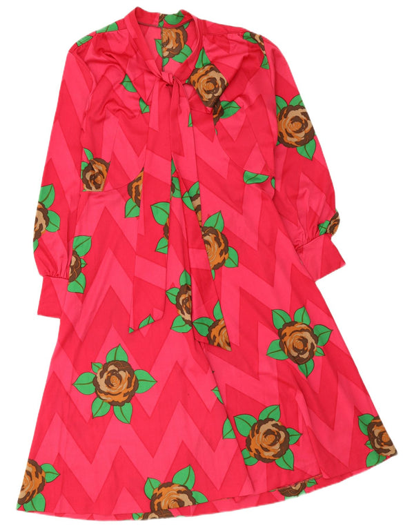 Vestido feminino vintage de manga comprida com amarração frontal em linha A Reino Unido 12 médio rosa floral