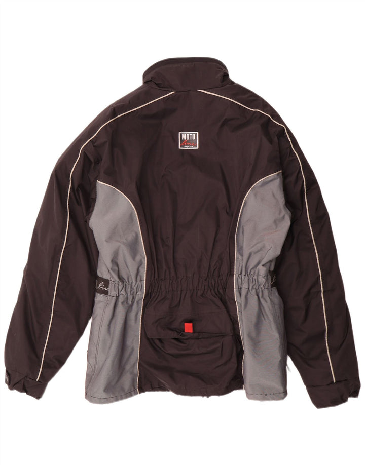 Jaqueta vintage masculina para motocicleta gráfica Racer UK 38 bloco colorido preto médio