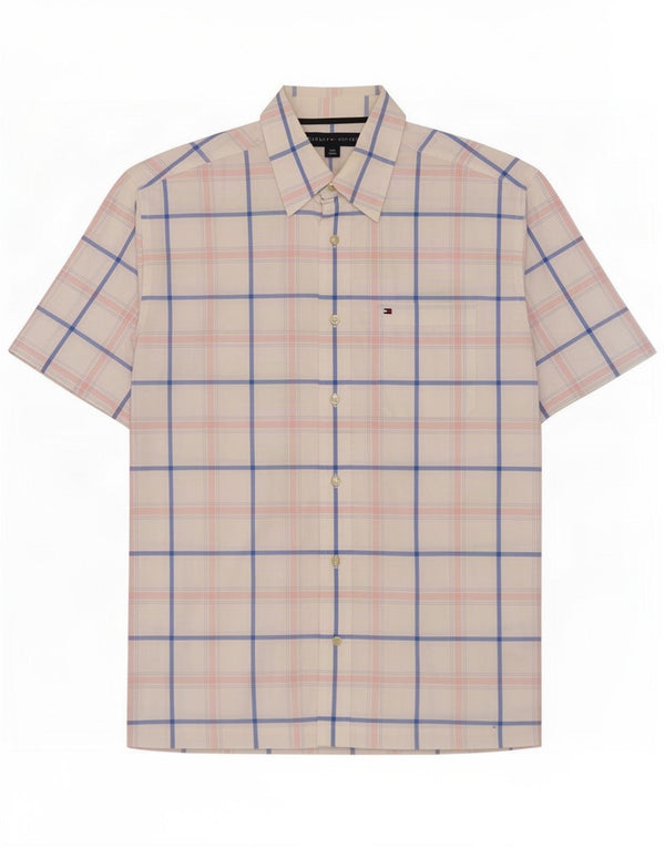 Tommy Hilfiger Camisa masculina de manga curta pequena de algodão xadrez branco
