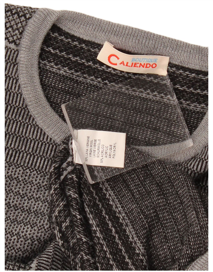Suéter vintage masculino com gola redonda, lã virgem listrada pequena cinza