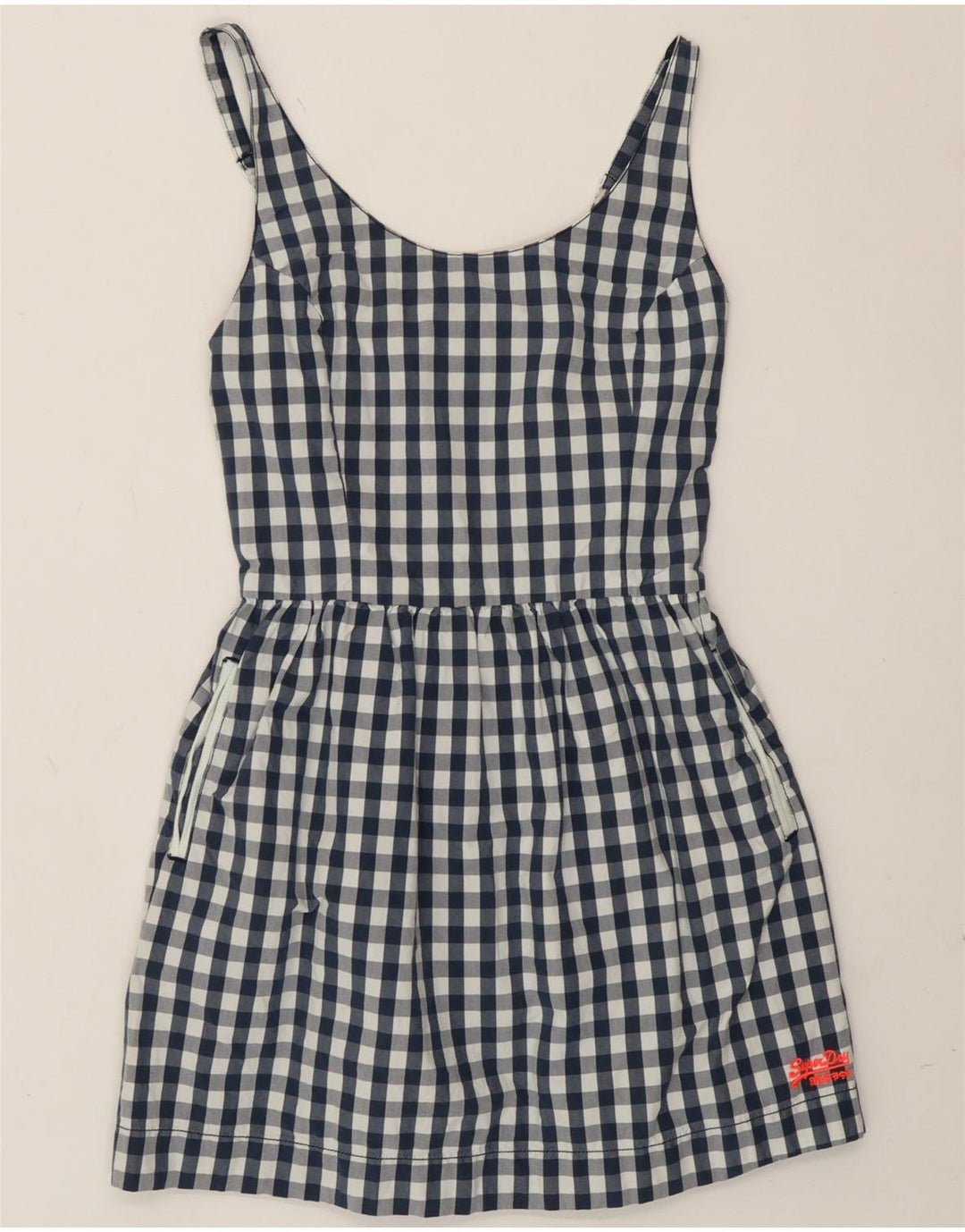 Vestido de verão feminino Superdry UK 10 pequeno algodão guingão azul marinho