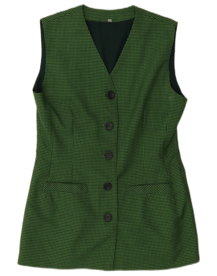 Jaqueta blazer feminina vintage sem mangas UK 12 Houndstooth verde médio