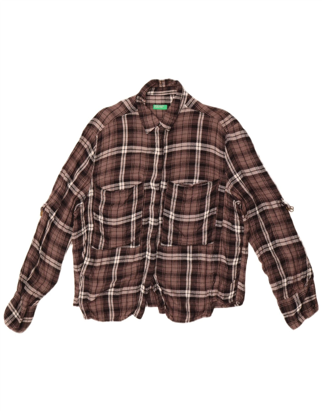 Camisa feminina de flanela Benetton UK 14 grande xadrez marrom