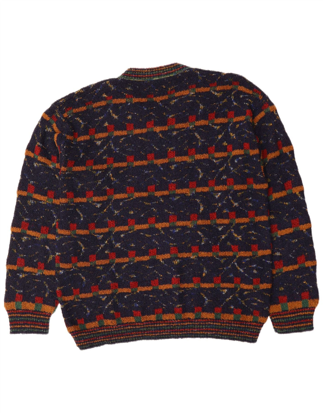 Suéter masculino VINTAGE com decote em V XL azul marinho de lã geométrica