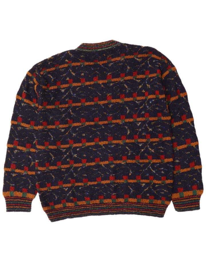 Suéter masculino VINTAGE com decote em V XL azul marinho de lã geométrica