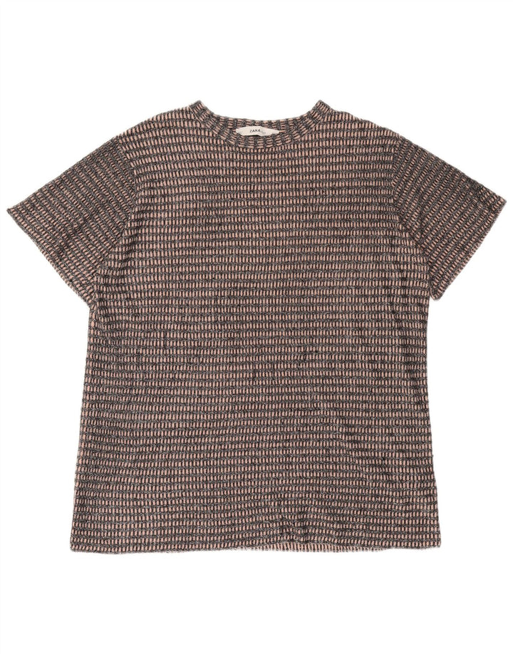 Camiseta feminina grande Zara UK 14 poliéster listrado preto médio