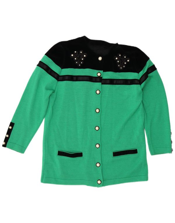 Suéter Cardigan Feminino Vintage Reino Unido 16 Grande Bloco Colorido Verde