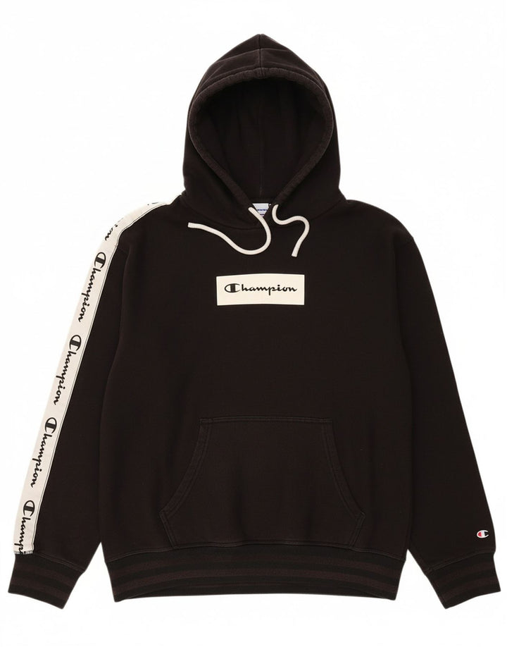 CHAMPION Suéter masculino com capuz gráfico médio preto de algodão colorido