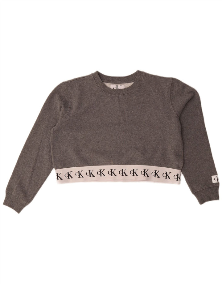 Calvin Klein Jeans feminino crop moletom jumper UK 14 médio cinza