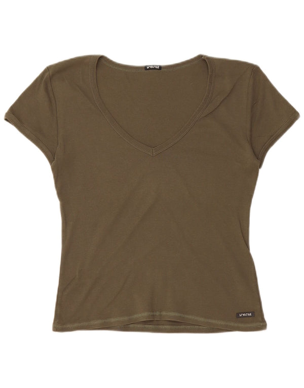 Playlife Camiseta feminina cropped UK 12 algodão cáqui médio