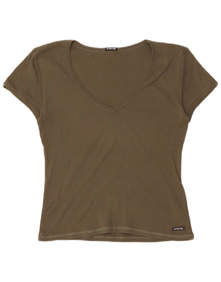 Playlife Camiseta feminina cropped UK 12 algodão cáqui médio