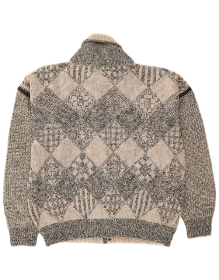 VINTAGE Mens Loose Fit Cardigan Sweater IT 50 Medium Grey Argyle/Diamond