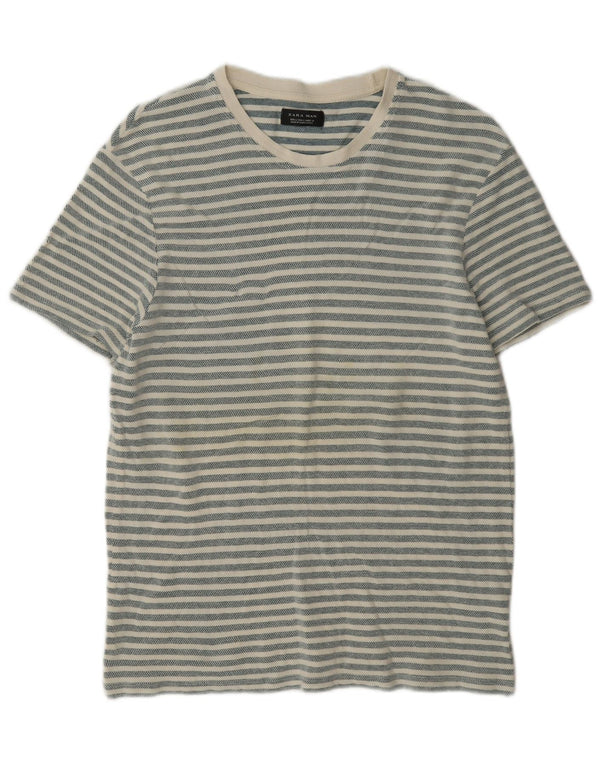 Camiseta masculina Zara Top grande algodão listrado cinza