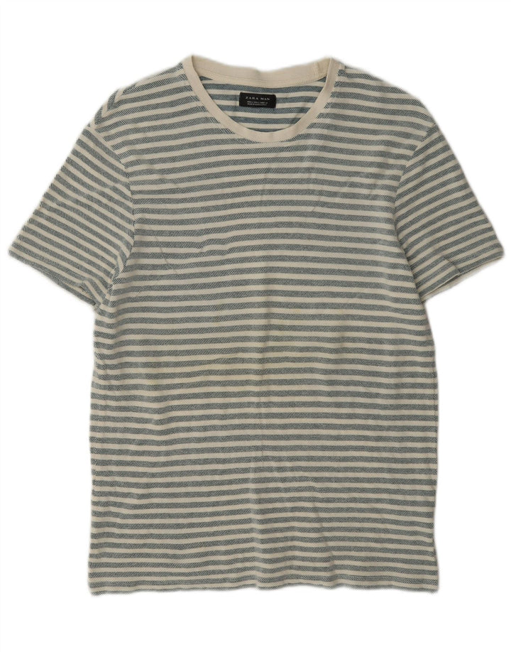 Camiseta masculina Zara Top grande algodão listrado cinza