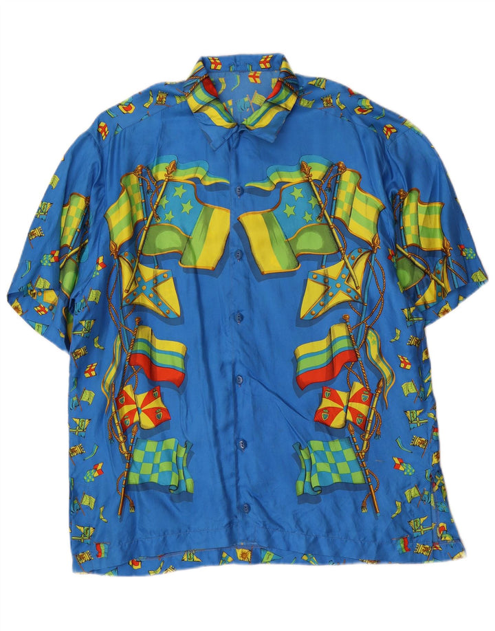 Camisa masculina vintage abstrata padrão manga curta azul grande