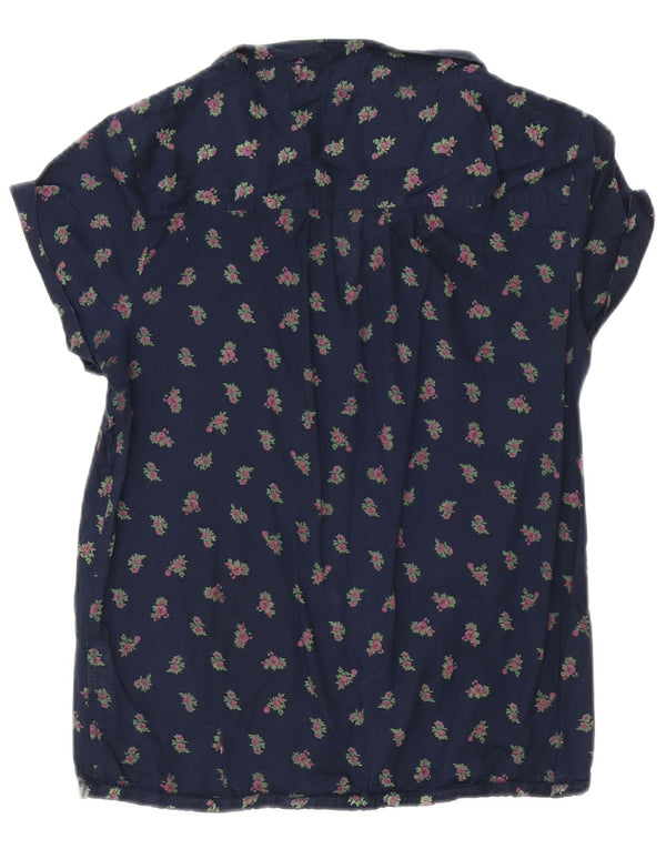 Camisa feminina Converse de manga curta UK 10 pequena azul marinho floral algodão