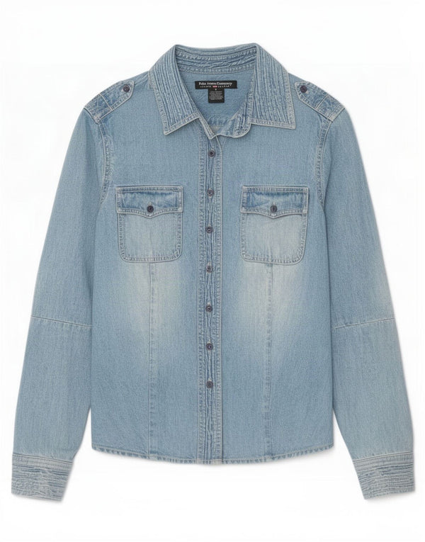Camisa jeans militar feminina Polo Ralph Lauren Reino Unido 10 algodão azul pequeno