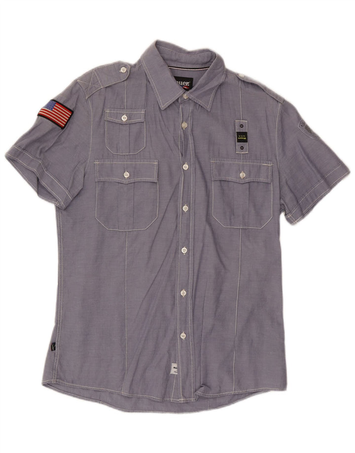 BLAUER Camisa militar masculina de manga curta grande algodão azul