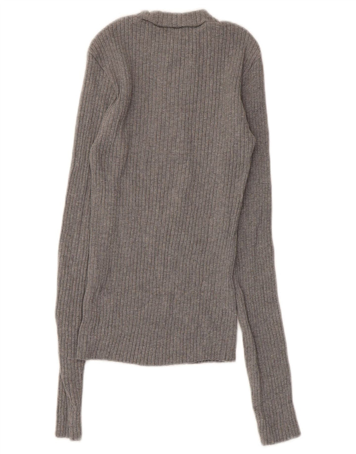 Zara Suéter feminino com gola redonda e botão, Reino Unido 8 pequeno algodão cinza