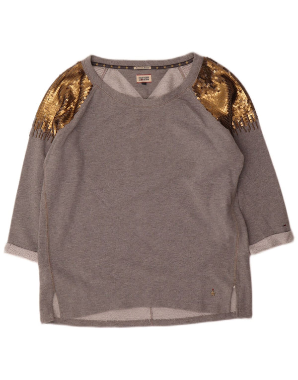 Tommy Hilfiger moletom feminino jumper UK 16 grande cinza colorblock algodão