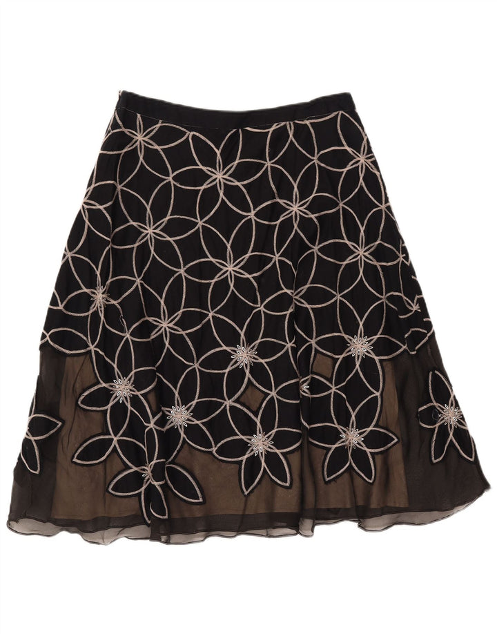 MONSOON Saia feminina evasê UK 12 médio W30 algodão floral preto