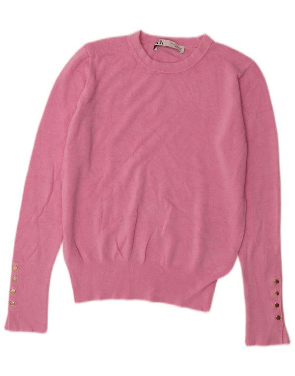 Suéter feminino Zara com gola redonda e viscose rosa médio UK 12