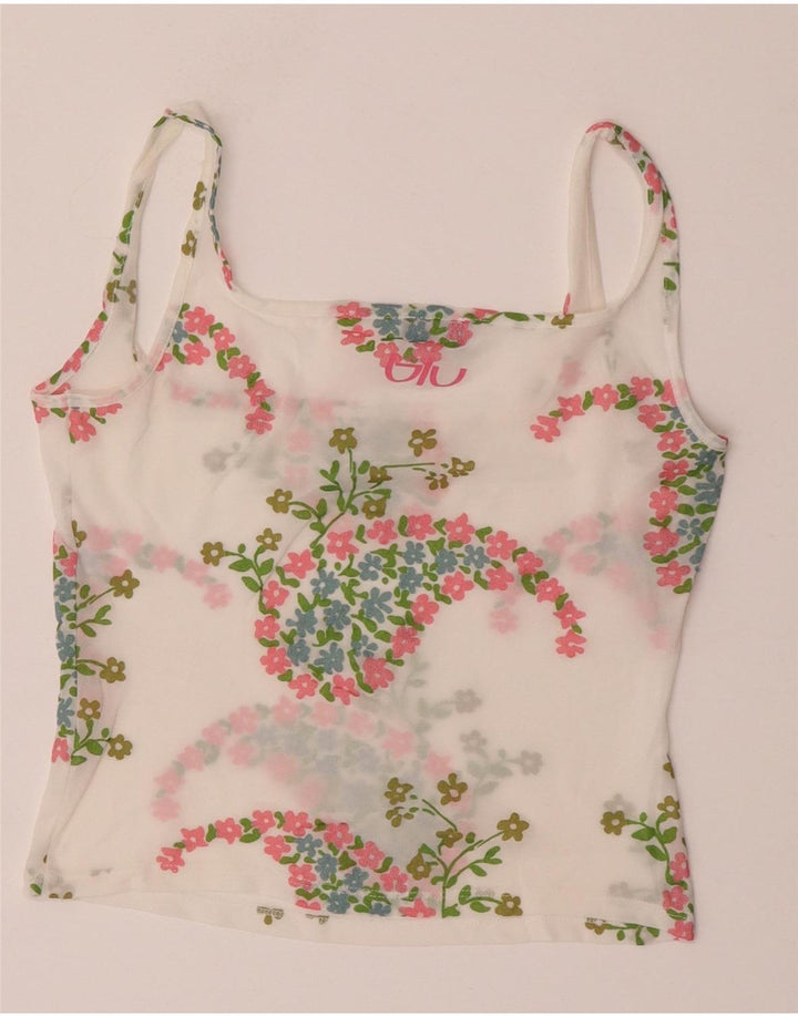 Byblos Top feminino transparente cropped UK 10 pequeno floral branco