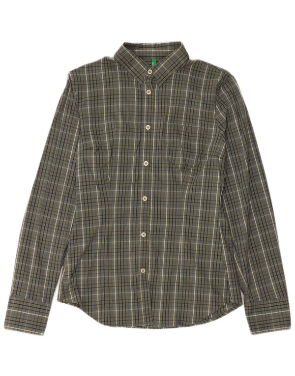 Camisa feminina Benetton UK 12 médio cáqui xadrez algodão