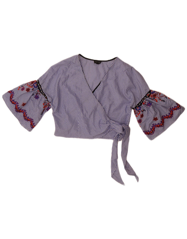 Blusa feminina Topshop manga 3/4 envoltória UK 14 grande listrada azul
