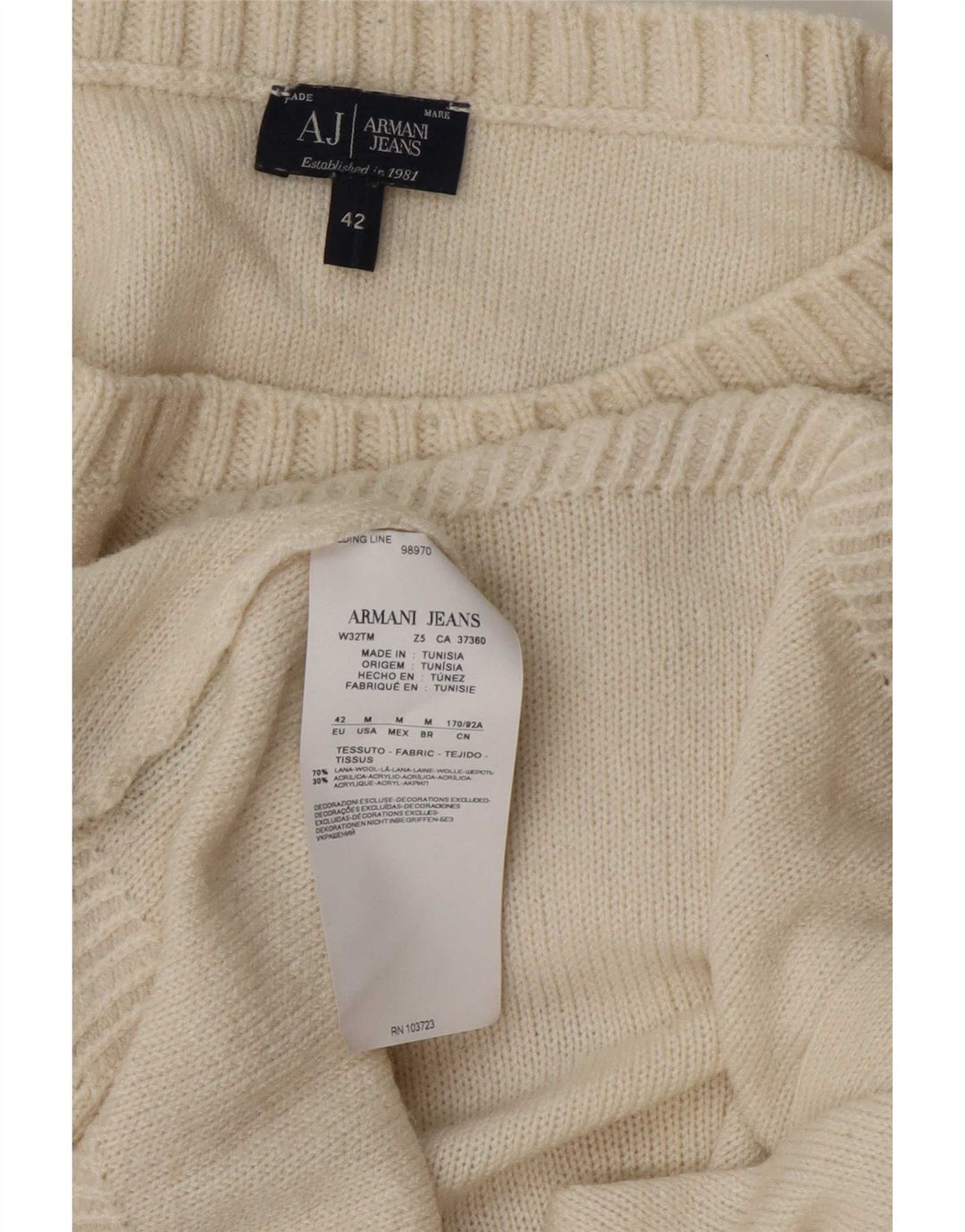 Suéter feminino Armani com gola canoa e gola redonda UE 42 grande lã branca