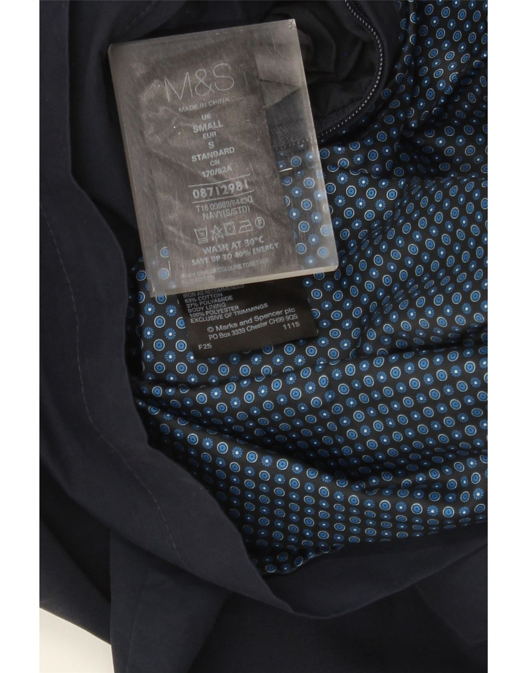 Jaqueta bomber masculina MARKS & SPENCER UK 36 pequena algodão azul marinho