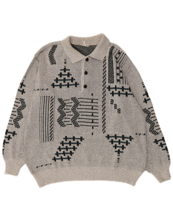 Suéter masculino vintage com gola polo UK 38/40 cinza médio geométrico
