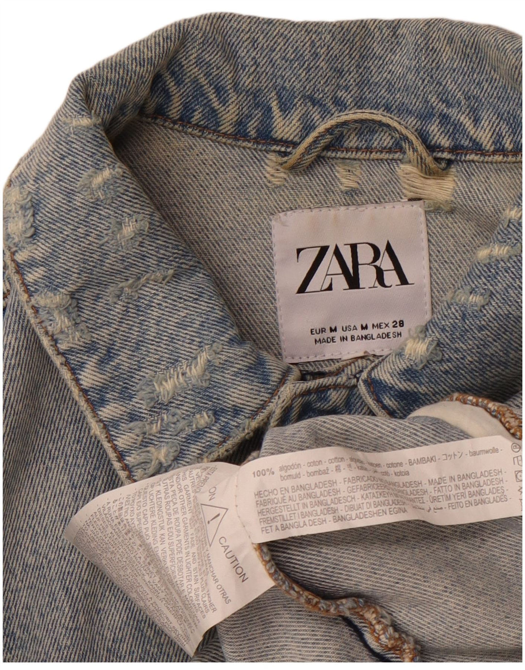 Jaqueta jeans masculina ZARA desgastada Reino Unido 38 algodão azul médio