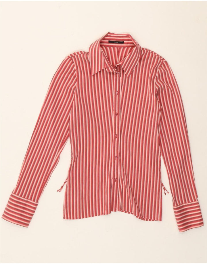 Camisa feminina Hugo Boss UK 10 algodão listrado vermelho pequeno