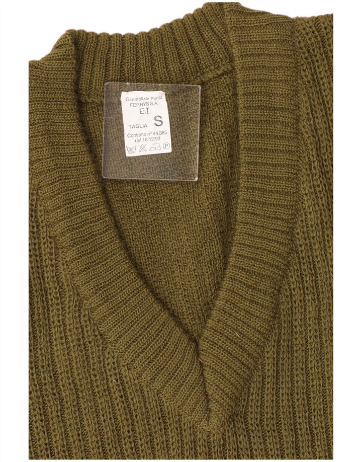 Suéter vintage masculino militar com decote em V pequeno bloco colorido cáqui