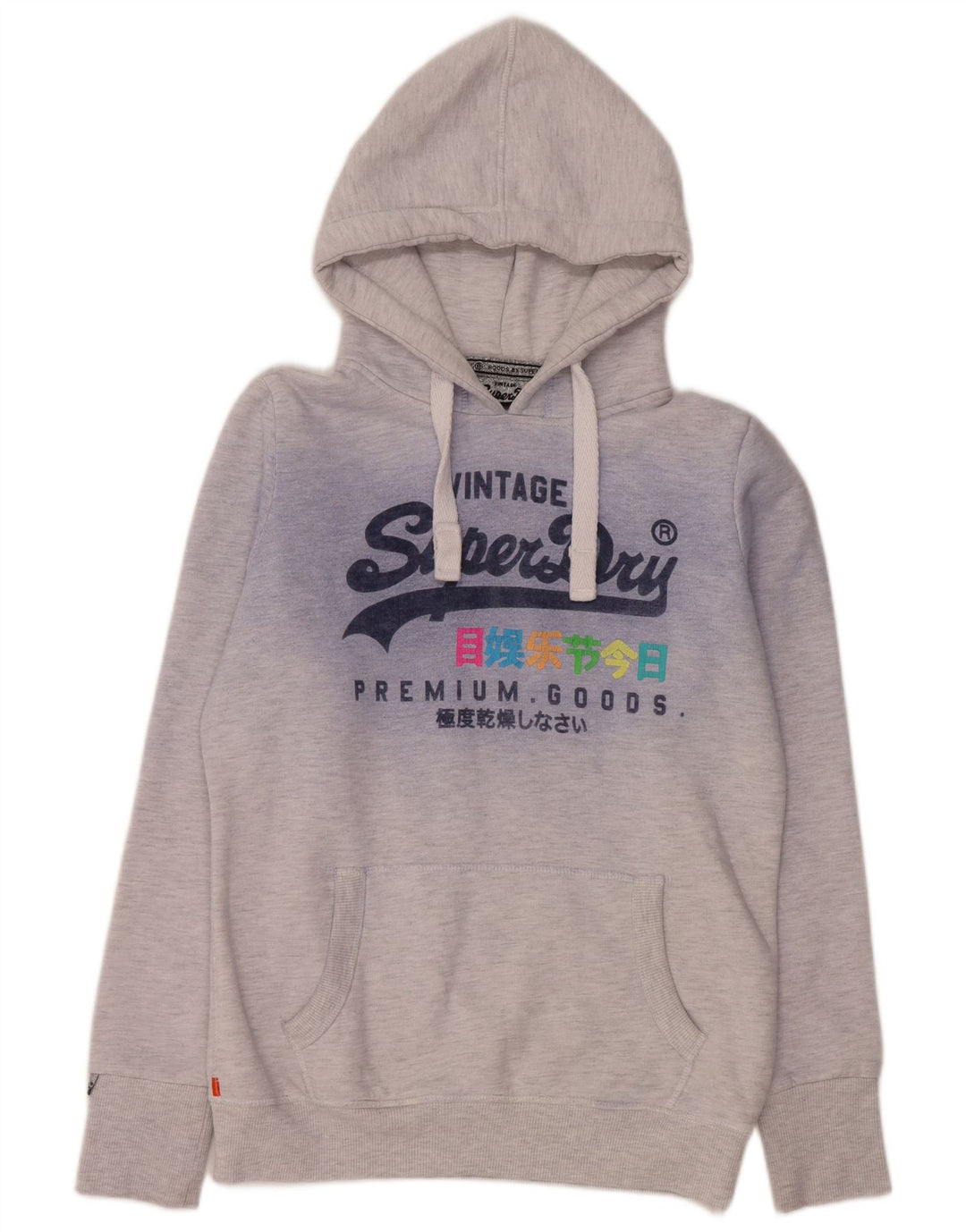 Jumper feminino com capuz gráfico SUPERDRY UK 14 algodão manchado cinza médio