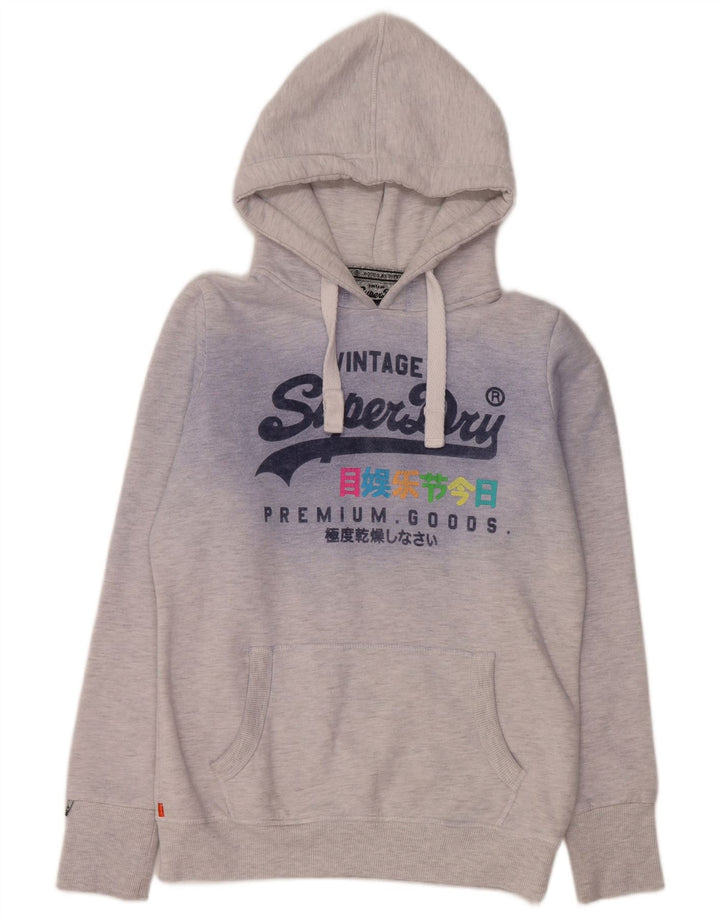 Jumper feminino com capuz gráfico SUPERDRY UK 14 algodão manchado cinza médio